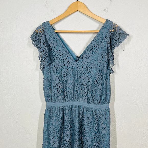 MAdewell Lace Flutter Sleeve Dress Knee Length Casual Cute Blue Grey - 2 - Picture 2 of 5